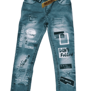Kids Boys Grey Printed Denim Jeans Front Side