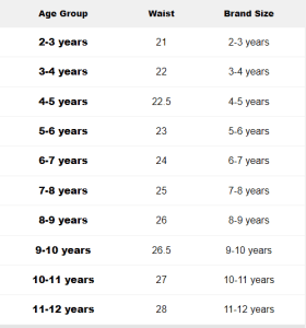 Kids Girls Denim Shorts size chart